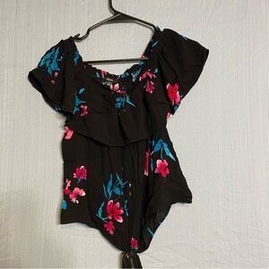 Elegant Black Blouse with Pink and Blue Floral Design